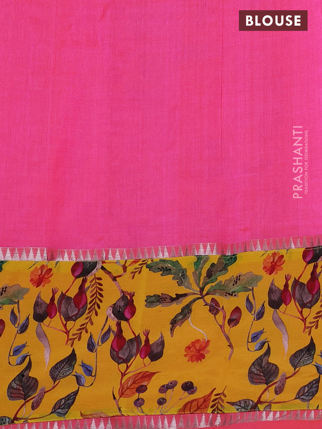 Mangalgiri silk cotton saree dual shade of candy pink and yellow with plain body and long kalamkari printed applique border