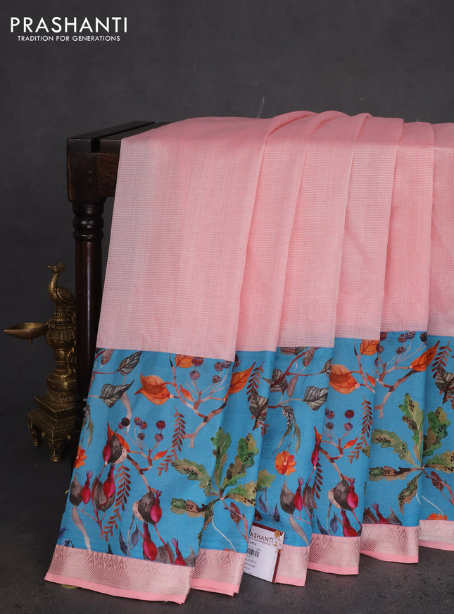 Mangalgiri silk cotton saree peach pink and blue with plain body and long kalamkari printed applique border