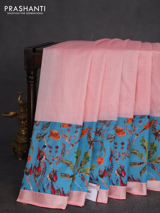 Mangalgiri silk cotton saree peach pink and blue with plain body and long kalamkari printed applique border
