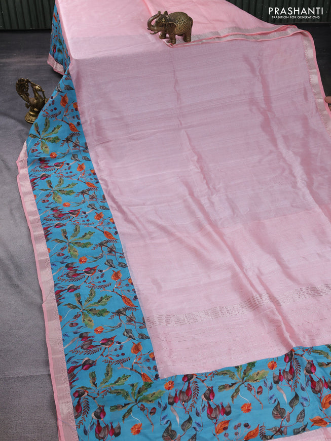 Mangalgiri silk cotton saree peach pink and blue with plain body and long kalamkari printed applique border