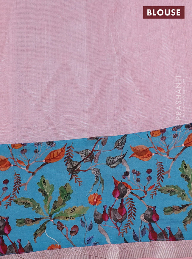 Mangalgiri silk cotton saree peach pink and blue with plain body and long kalamkari printed applique border