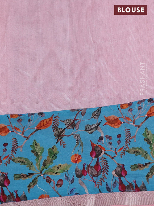 Mangalgiri silk cotton saree peach pink and blue with plain body and long kalamkari printed applique border