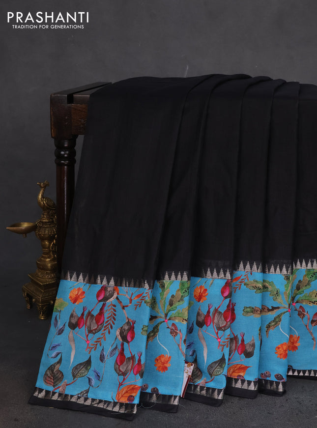 Mangalgiri silk cotton saree black and blue with plain body and long kalamkari printed applique border