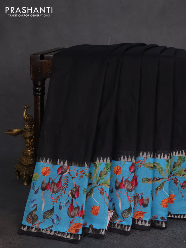 Mangalgiri silk cotton saree black and blue with plain body and long kalamkari printed applique border