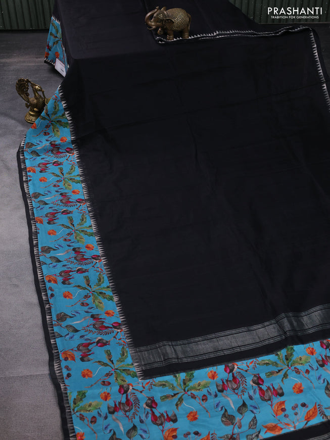 Mangalgiri silk cotton saree black and blue with plain body and long kalamkari printed applique border