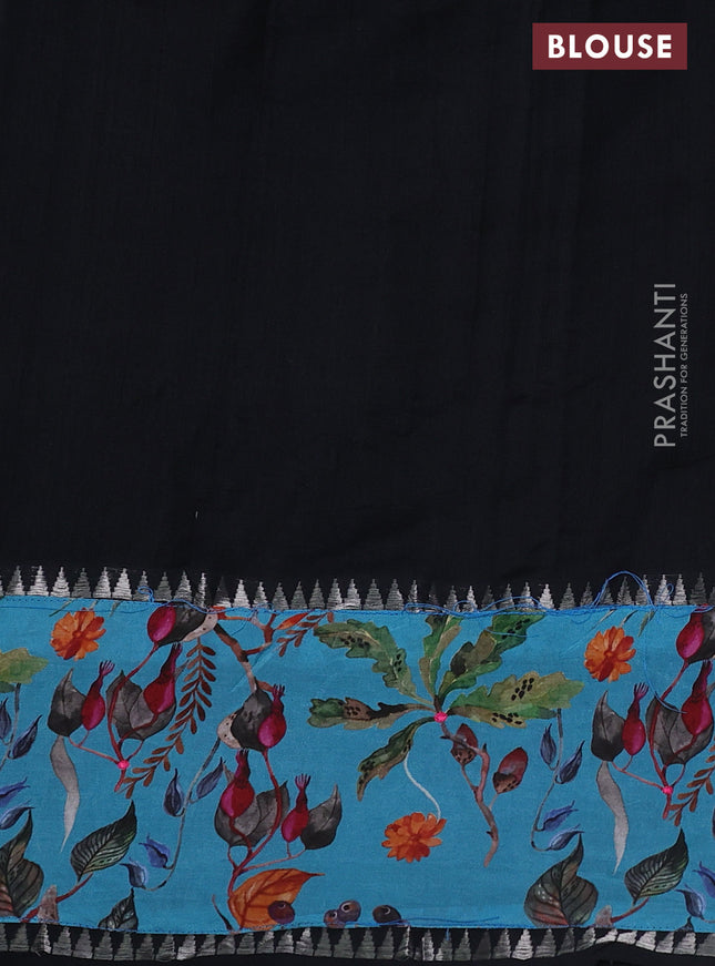 Mangalgiri silk cotton saree black and blue with plain body and long kalamkari printed applique border