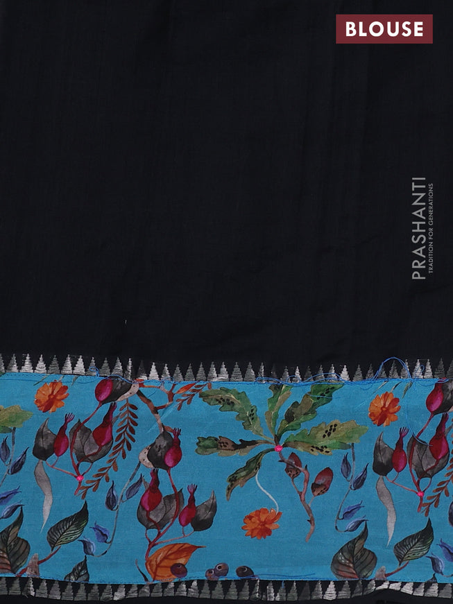 Mangalgiri silk cotton saree black and blue with plain body and long kalamkari printed applique border