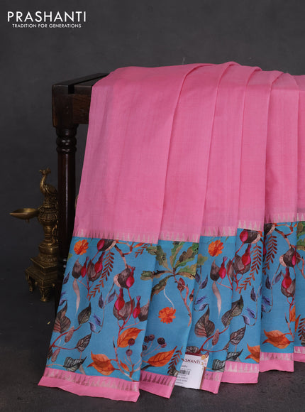 Mangalgiri silk cotton saree light pink and pastel blue with plain body and long kalamkari printed applique border