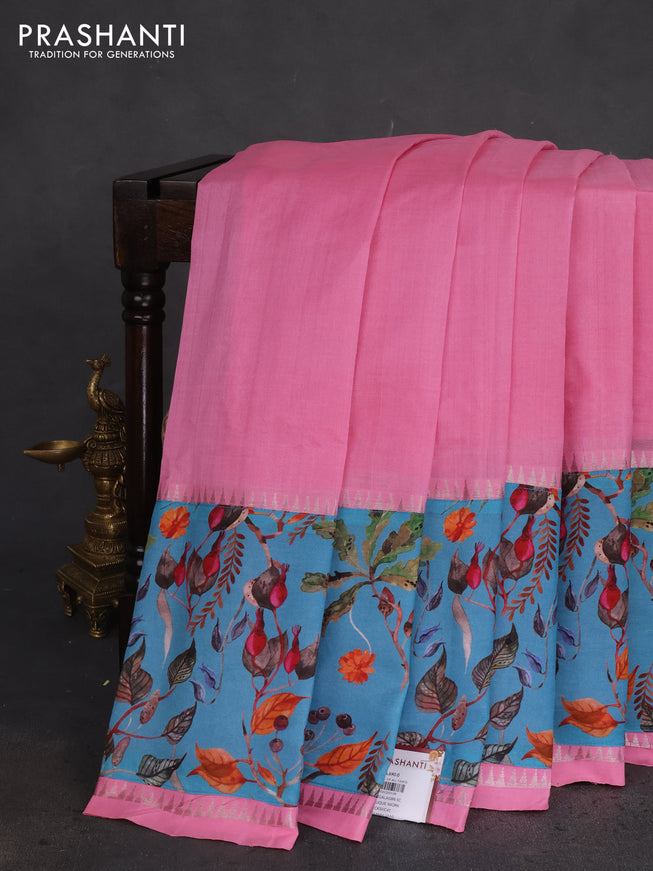 Mangalgiri silk cotton saree light pink and pastel blue with plain body and long kalamkari printed applique border