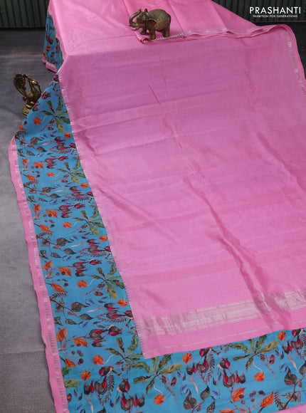 Mangalgiri silk cotton saree light pink and pastel blue with plain body and long kalamkari printed applique border