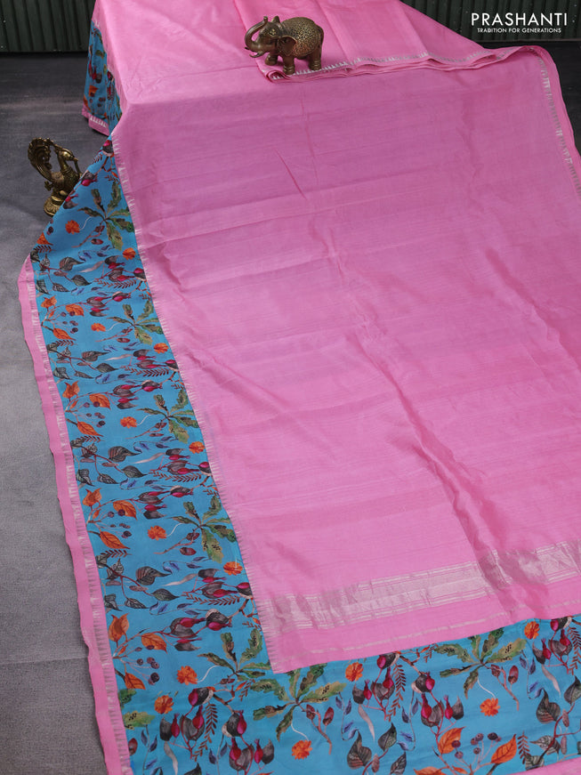 Mangalgiri silk cotton saree light pink and pastel blue with plain body and long kalamkari printed applique border