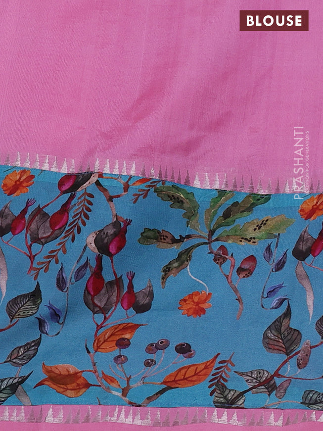 Mangalgiri silk cotton saree light pink and pastel blue with plain body and long kalamkari printed applique border