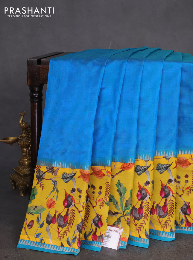 Mangalgiri silk cotton saree cs blue and yellow with plain body and long kalamkari printed applique border