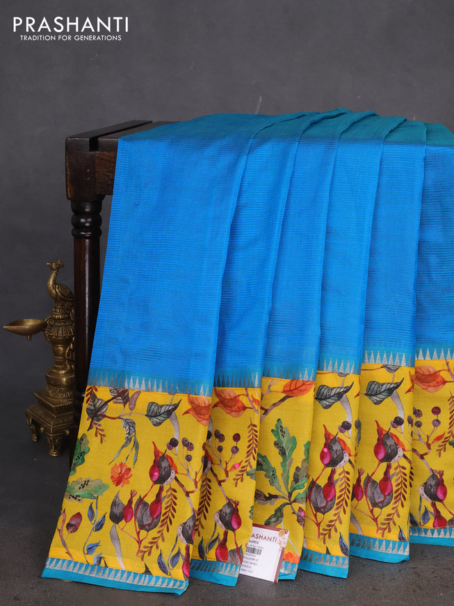 Mangalgiri silk cotton saree cs blue and yellow with plain body and long kalamkari printed applique border