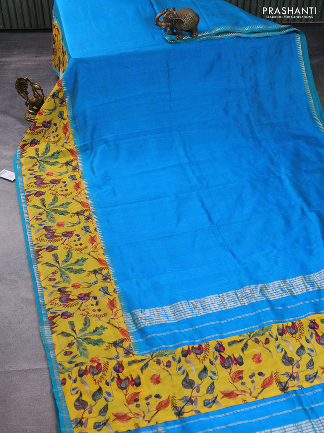 Mangalgiri silk cotton saree cs blue and yellow with plain body and long kalamkari printed applique border