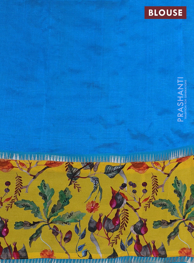 Mangalgiri silk cotton saree cs blue and yellow with plain body and long kalamkari printed applique border