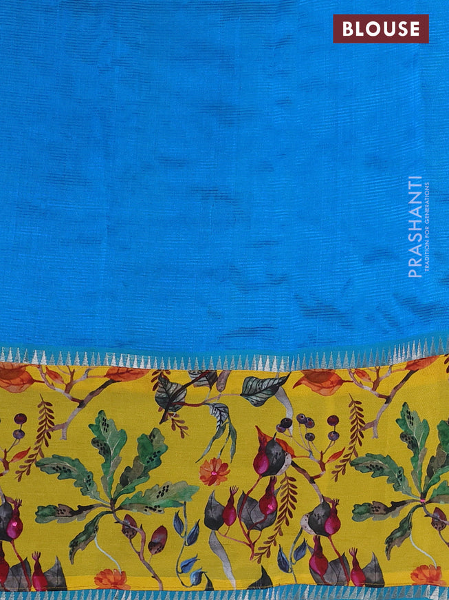Mangalgiri silk cotton saree cs blue and yellow with plain body and long kalamkari printed applique border