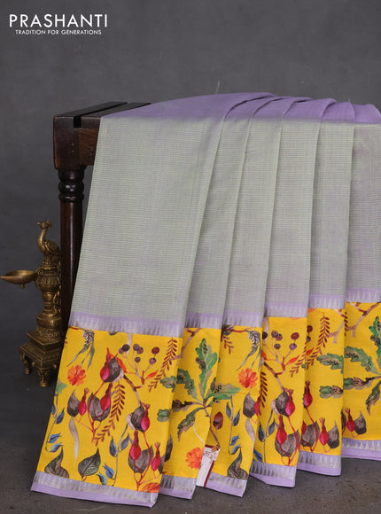 Mangalgiri silk cotton saree dual shade of pastel green and yellow with plain body and long kalamkari printed applique border