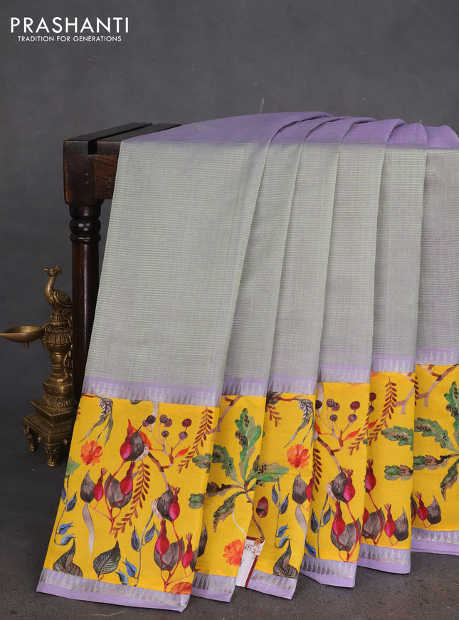 Mangalgiri silk cotton saree dual shade of pastel green and yellow with plain body and long kalamkari printed applique border