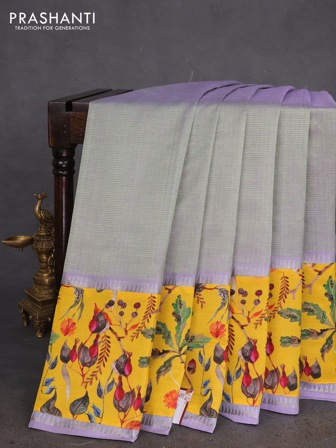 Mangalgiri silk cotton saree dual shade of pastel green and yellow with plain body and long kalamkari printed applique border