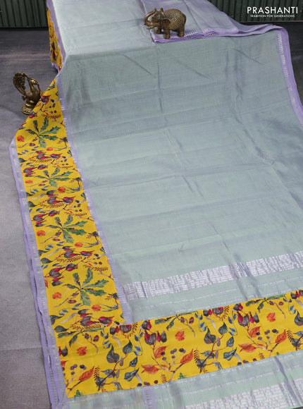 Mangalgiri silk cotton saree dual shade of pastel green and yellow with plain body and long kalamkari printed applique border
