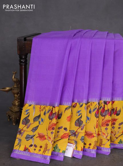 Mangalgiri silk cotton saree dark lavender and yellow with plain body and long kalamkari printed applique border
