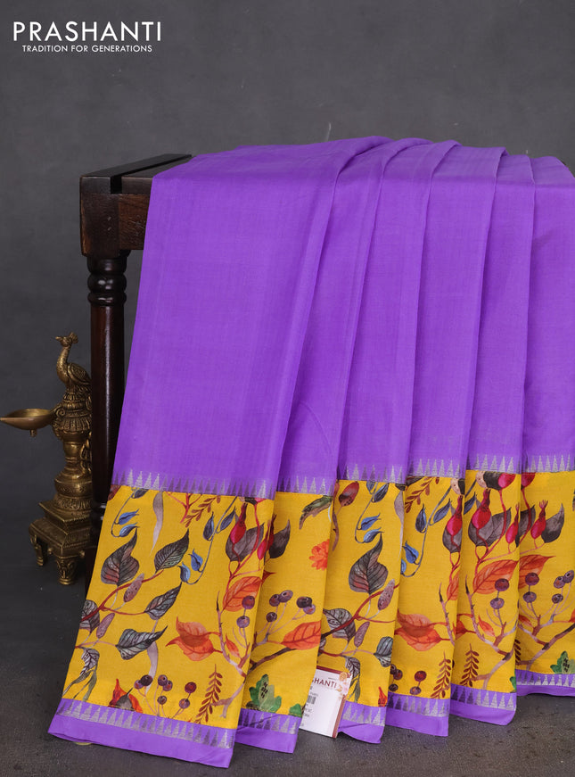 Mangalgiri silk cotton saree dark lavender and yellow with plain body and long kalamkari printed applique border
