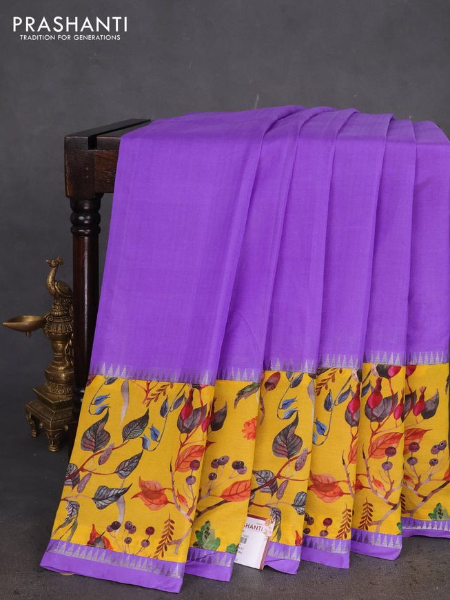 Mangalgiri silk cotton saree dark lavender and yellow with plain body and long kalamkari printed applique border