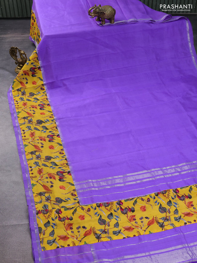 Mangalgiri silk cotton saree dark lavender and yellow with plain body and long kalamkari printed applique border