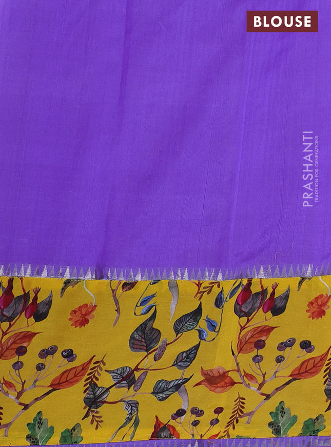 Mangalgiri silk cotton saree dark lavender and yellow with plain body and long kalamkari printed applique border