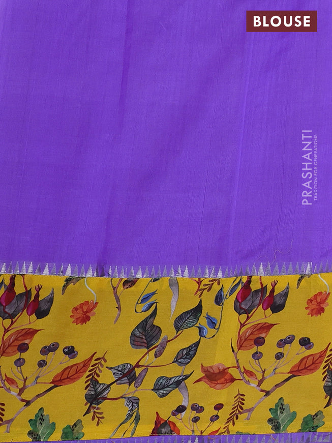 Mangalgiri silk cotton saree dark lavender and yellow with plain body and long kalamkari printed applique border