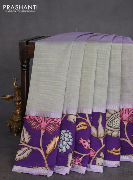 Mangalgiri silk cotton saree dual shade of pastel green and violet with plain body and long kalamkari printed applique border