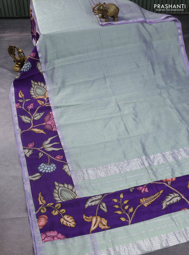 Mangalgiri silk cotton saree dual shade of pastel green and violet with plain body and long kalamkari printed applique border