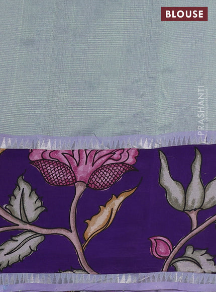 Mangalgiri silk cotton saree dual shade of pastel green and violet with plain body and long kalamkari printed applique border