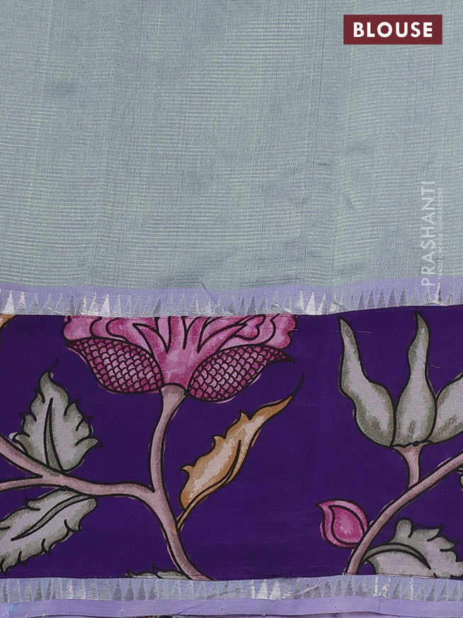 Mangalgiri silk cotton saree dual shade of pastel green and violet with plain body and long kalamkari printed applique border