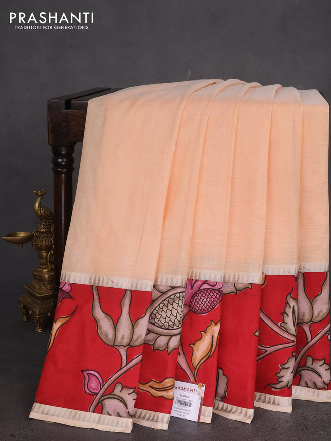 Mangalgiri silk cotton saree plae oarnge and maroon with plain body and long kalamkari printed applique border