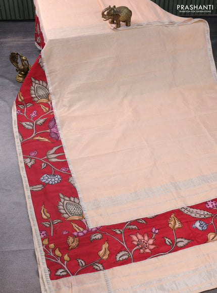 Mangalgiri silk cotton saree plae oarnge and maroon with plain body and long kalamkari printed applique border