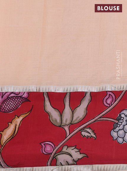 Mangalgiri silk cotton saree plae oarnge and maroon with plain body and long kalamkari printed applique border