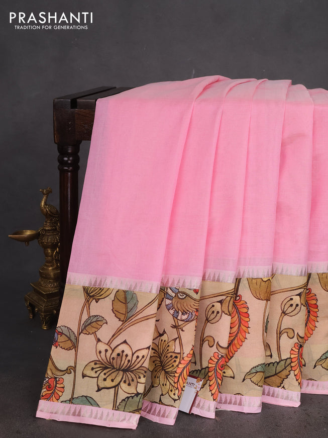 Mangalgiri silk cotton saree baby pink and sandal with plain body and long kalamkari printed applique border