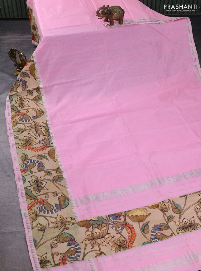 Mangalgiri silk cotton saree baby pink and sandal with plain body and long kalamkari printed applique border