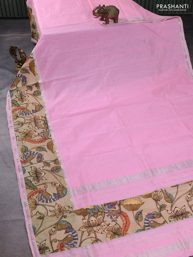 Mangalgiri silk cotton saree baby pink and sandal with plain body and long kalamkari printed applique border