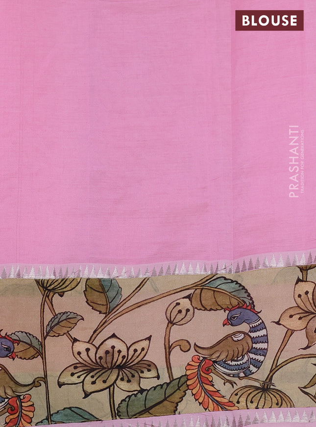 Mangalgiri silk cotton saree baby pink and sandal with plain body and long kalamkari printed applique border