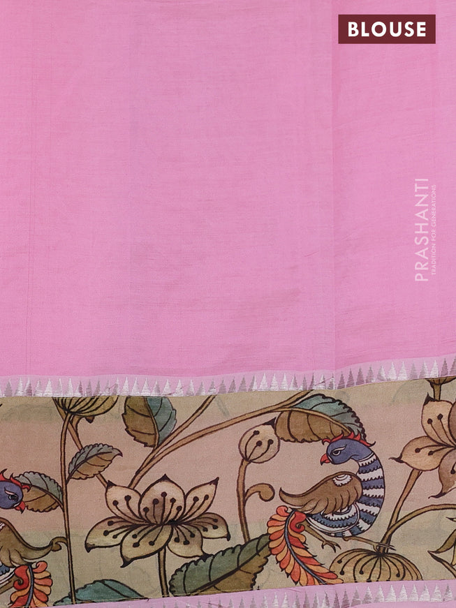 Mangalgiri silk cotton saree baby pink and sandal with plain body and long kalamkari printed applique border