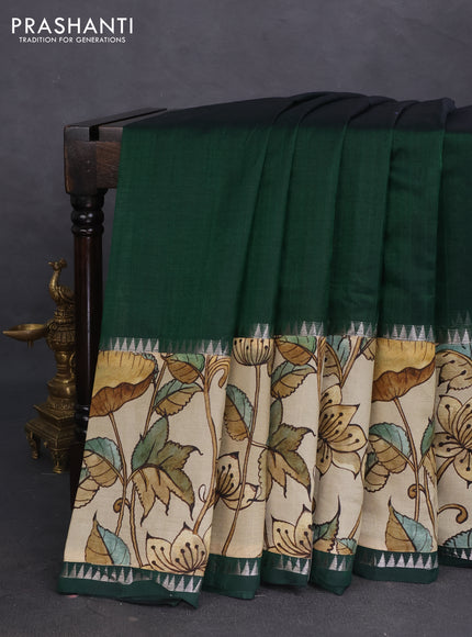 Mangalgiri silk cotton saree bottle green and cream with plain body and long kalamkari printed applique border
