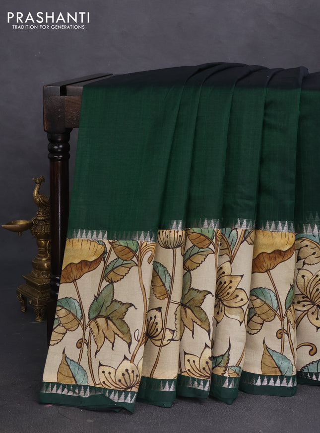 Mangalgiri silk cotton saree bottle green and cream with plain body and long kalamkari printed applique border
