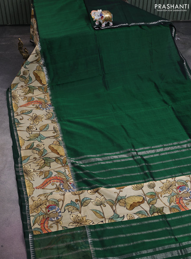 Mangalgiri silk cotton saree bottle green and cream with plain body and long kalamkari printed applique border