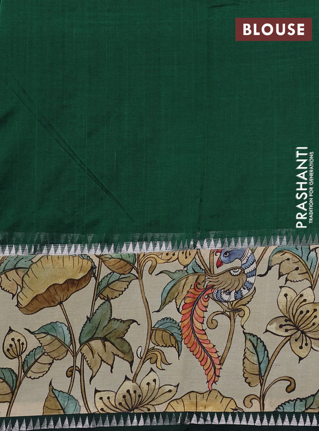Mangalgiri silk cotton saree bottle green and cream with plain body and long kalamkari printed applique border