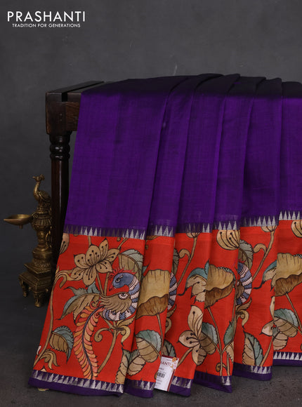 Mangalgiri silk cotton saree violet and rustic orange with plain body and long kalamkari printed applique border