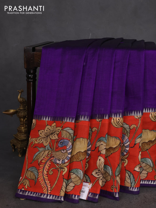Mangalgiri silk cotton saree violet and rustic orange with plain body and long kalamkari printed applique border