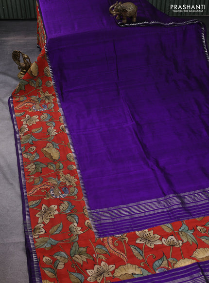 Mangalgiri silk cotton saree violet and rustic orange with plain body and long kalamkari printed applique border